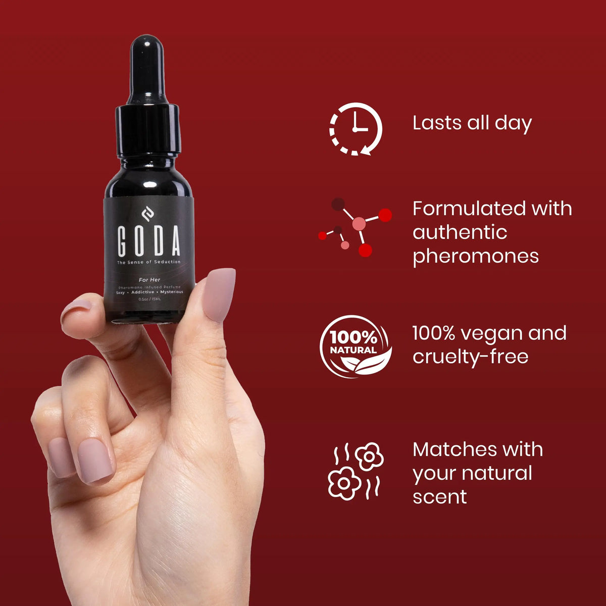 GODA For Her Pheromone Perfume for Women - Long-Lasting Women's Fragrances with Jasmine and Rose - Floral Perfume Oil with Sweet &amp; Spicy Aroma - Vegan &amp; Cruelty-Free Travel Perfume - 15ml/0.50 fl. oz Rieworkes