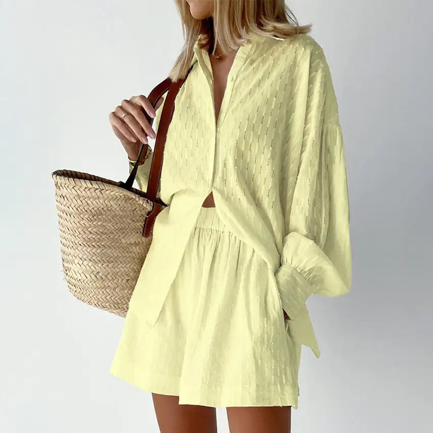 Lantern Sleeve Loose Shirt and Short Set 2 Piece Outfits Rieworkes