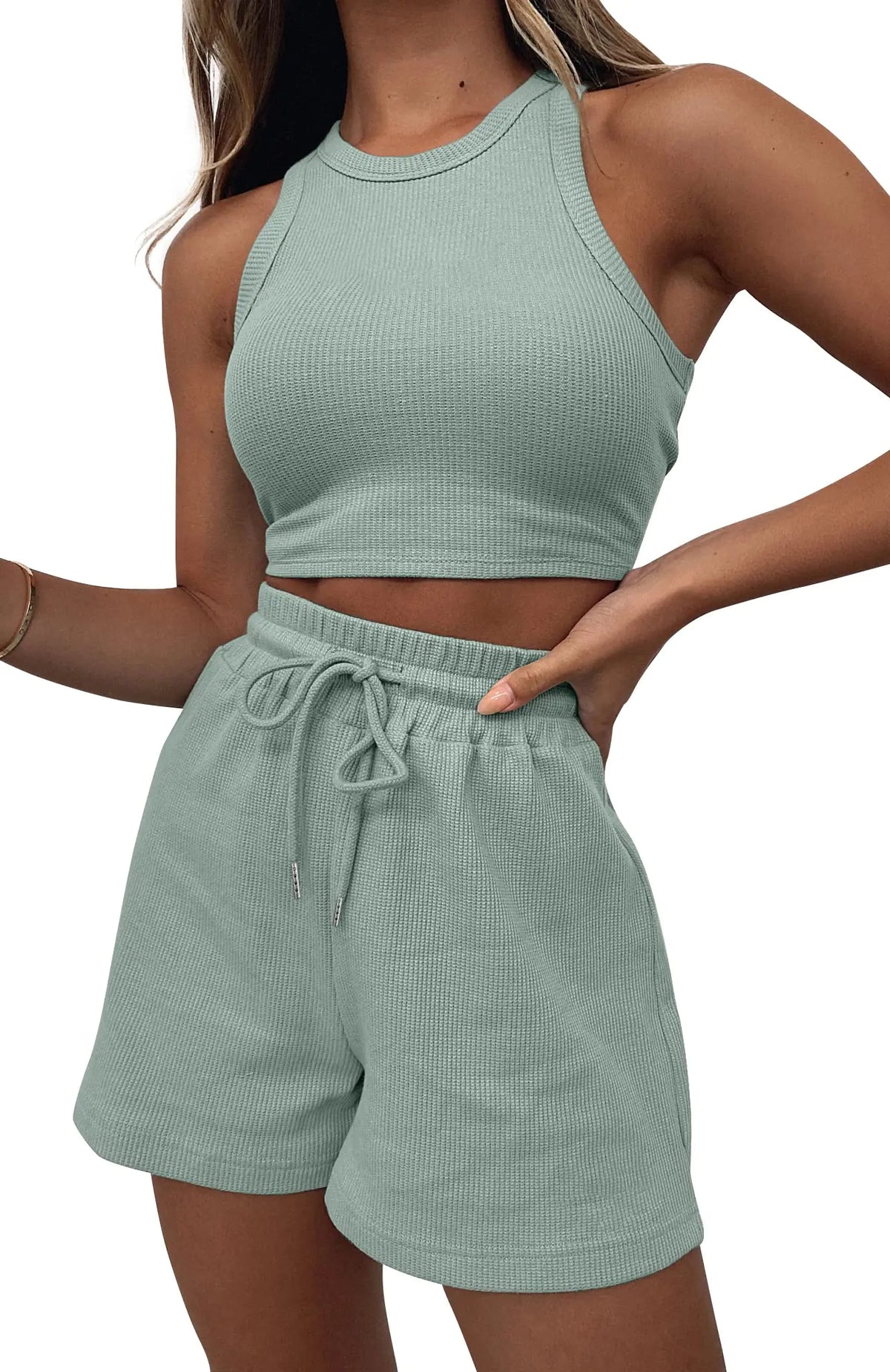 Lingswallow 2 Piece Women Lounge Sets - Sleeveless Crop Top and Shorts Waffle Lounge Set Tracksuits Sweatsuits for Women Mimarta