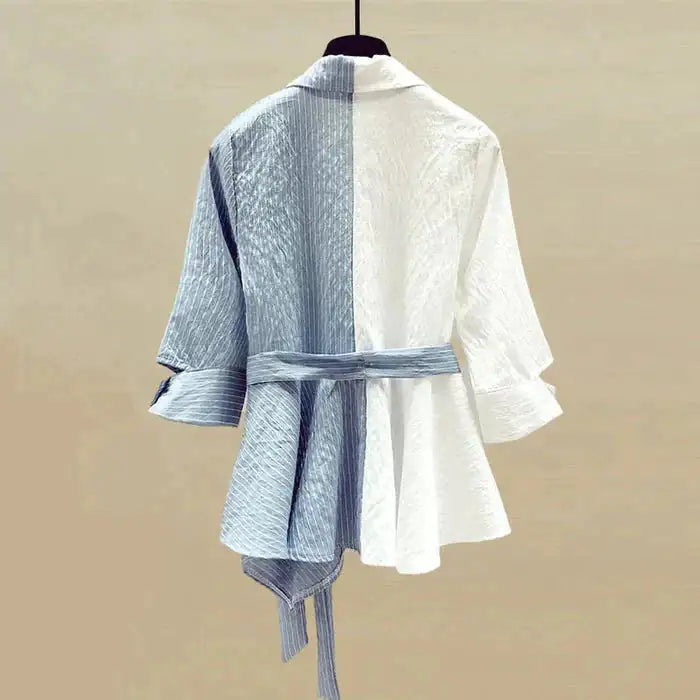 Stripe Blouse &amp; Denim Pants Set Rieworkes