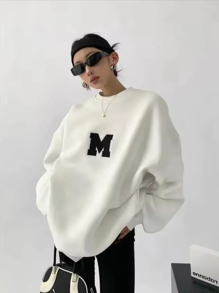 MEXZT Streetwear Y2K Oversized Fleece Sweatshirt with Letter Print – Harajuku &amp; Korean Inspired Casual Hoodie for Women Rieworkes