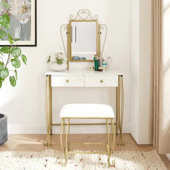 Vanity Table Set With Mirror & Stool,White Makeup Dressing Desk With Drawers For Girls,Women,Bedroom,Gift Rieworkes