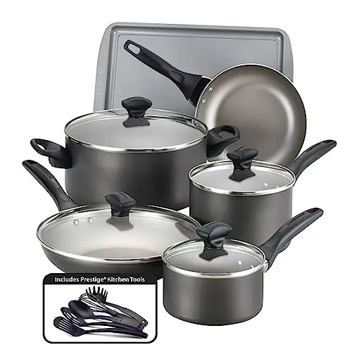 Farberware Dishwasher Safe Nonstick Cookware Pots and Pans Set 15 Piece Pewter Rieworkes