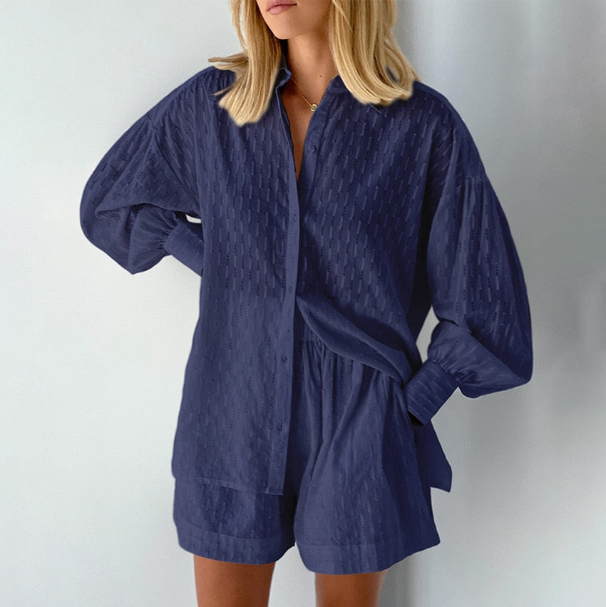 Lantern Sleeve Loose Shirt and Short Set 2 Piece Outfits Rieworkes