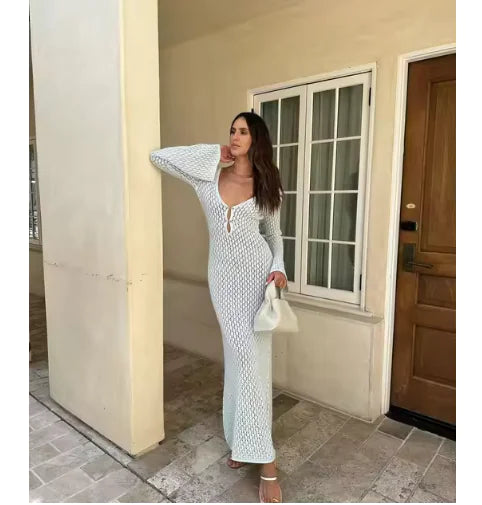 Elegant Sheer V-Neck Knitted Beach Dress – Long Sleeve Cover-Up for Summer &amp; Fall Rieworkes