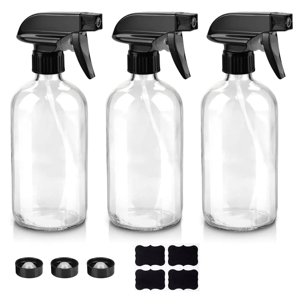 Glass Spray Bottles, 16oz Clear Glass Spray Bottles with Labels &amp; Adjustable Nozzle, Reusable Containers for Cleaning, BBQ, Food, Plants, Alcohol, Essential Oils(3 Pack) 3 Pack Rieworkes