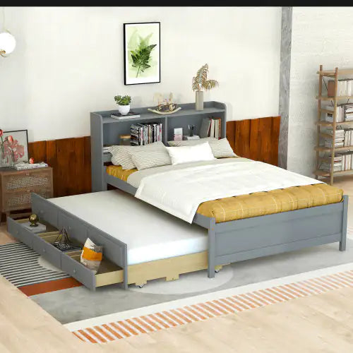 Full Size Bed With USB Type-C Ports, LED Light, Bookcase Headboard, Trundle And 3 Storage Drawers , Full Size Size Bed With Bookcase Headboard, Trundle And Storage Drawers Rieworkes