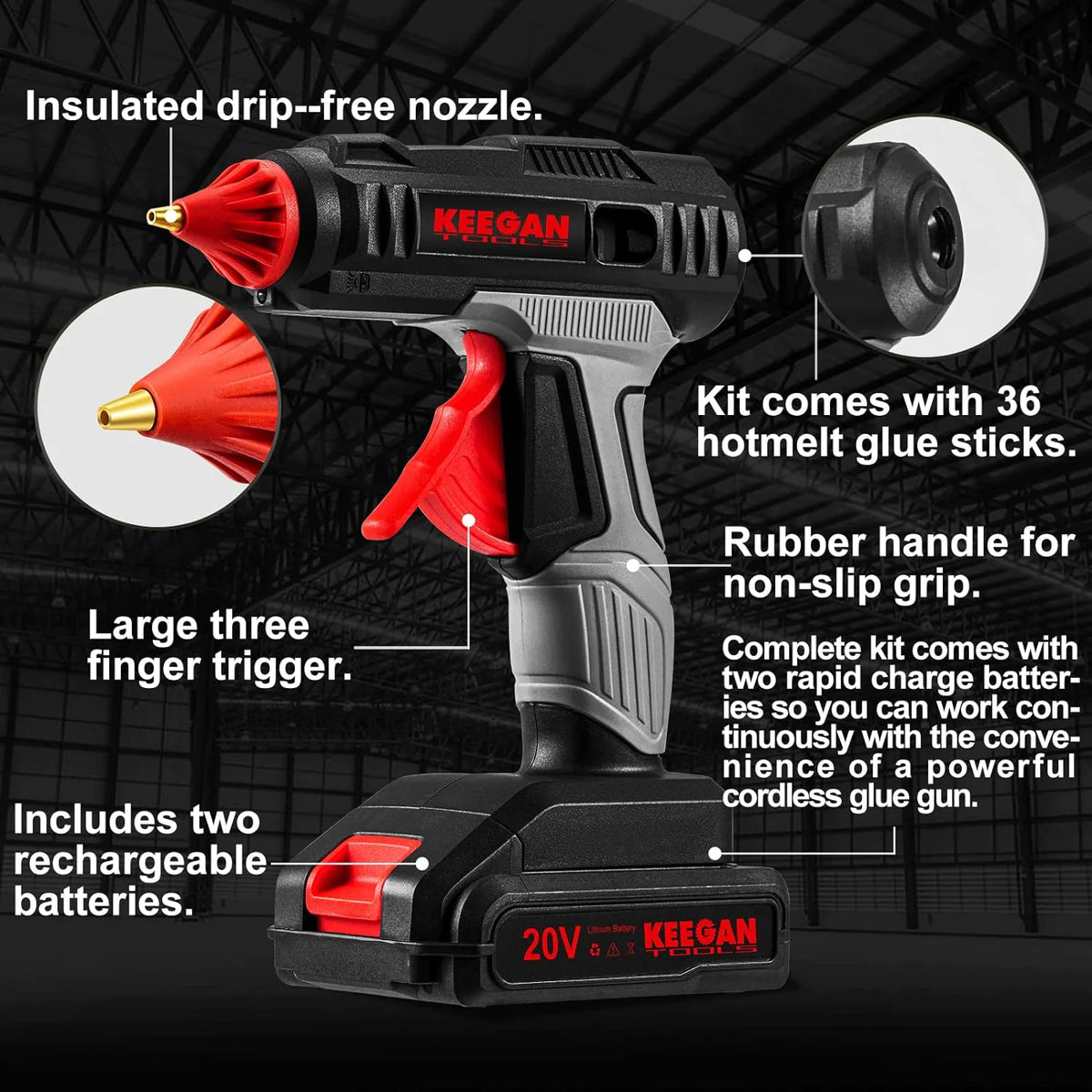 Full Size Cordless Professional 20V Hot Melt Glue Gun Kit Rechargeable 2 Battery Rieworkes