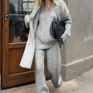 V-Neck Top & Wide Leg Pants Set with Scarf Rieworkes