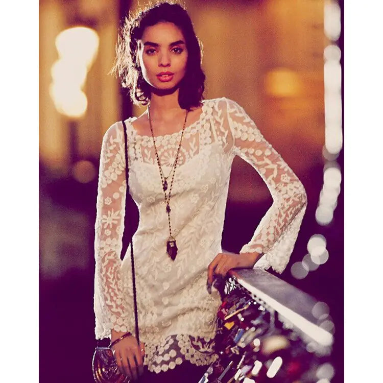 2021 hot sale flower pattern long sleeve loose hook beach dress women&amp;#39;s hollow out sexy lace dress elegant sexy lace beach dress Rieworkes