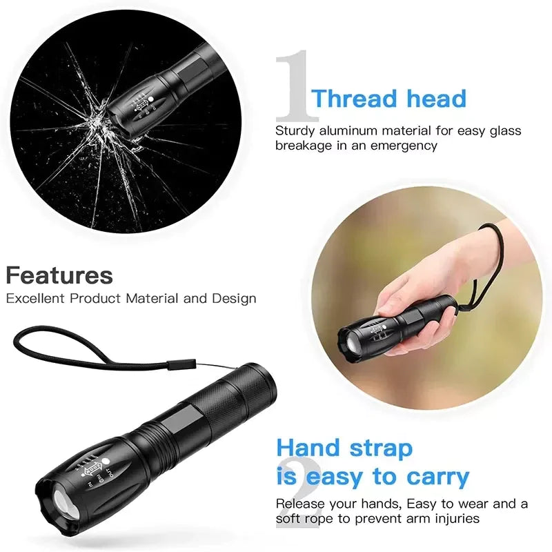 Super-Bright 90000LM LED Tactical Flashlight 5 Modes Zoomable Torch Searchlight Rieworkes