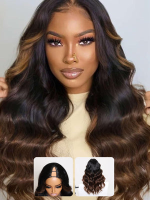Nadula Highlight V Part Body Wave Wigs Human Hair No Leave Out Black to Chestnut Brown Ombre Upgrade U Part Wigs 12A Glueless Ombre V-part Wavy Wigs Clip in Half Wig Ready to Go 180% Density 16inch Mimarta