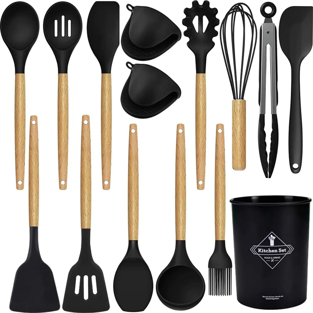 15 silicone kitchen tool sets kitchen utensils set heat resistant silicone (black 15 sets) Rieworkes