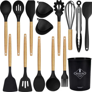 15 silicone kitchen tool sets kitchen utensils set heat resistant silicone (black 15 sets) Rieworkes