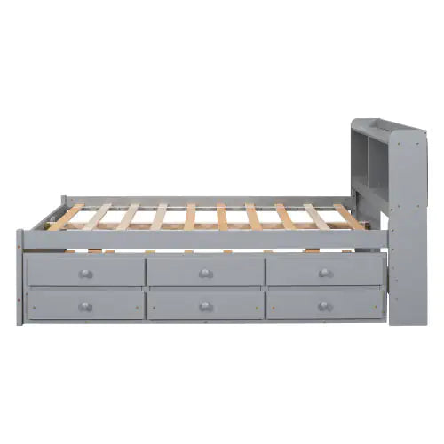 Full Size Bed With USB Type-C Ports, LED Light, Bookcase Headboard, Trundle And 3 Storage Drawers , Full Size Size Bed With Bookcase Headboard, Trundle And Storage Drawers Rieworkes