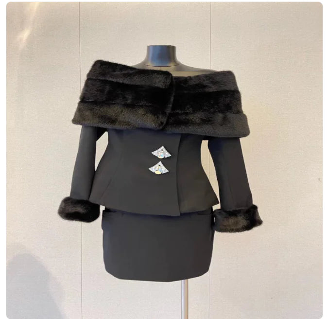 Off-Shoulder Faux Fur Coat & Skirt Set Mimarta
