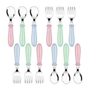 12 Pack Toddler Spoons and Forks Stainless Steel Baby Utensils Kids Cutlery Toddler Silverware Set with Round Handle for Self Feeding Safe Flatware Dining Lunch Box Home Kitchen Rieworkes