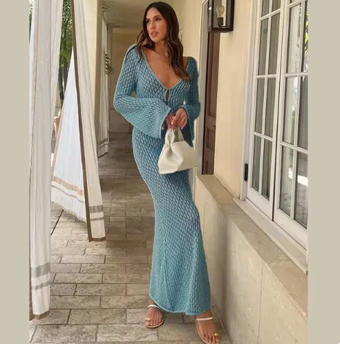 Elegant Sheer V-Neck Knitted Beach Dress – Long Sleeve Cover-Up for Summer &amp; Fall Rieworkes