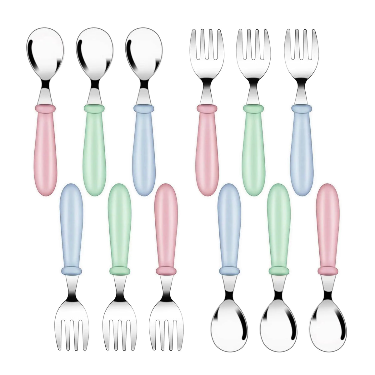 12 Pack Toddler Spoons and Forks Stainless Steel Baby Utensils Kids Cutlery Toddler Silverware Set with Round Handle for Self Feeding Safe Flatware Dining Lunch Box Home Kitchen Rieworkes