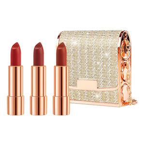 Matte Lipstick Set 3 Colors Lip Stick with Sliver Chain Bag Package Velvet Lip stick Set Waterproof Non-Stick Cup Long Lasting Retractable Red Lipstick Set 3.5gx3 Pcs Mimarta