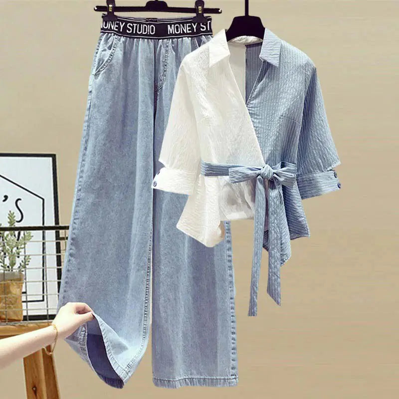Stripe Blouse &amp; Denim Pants Set Rieworkes