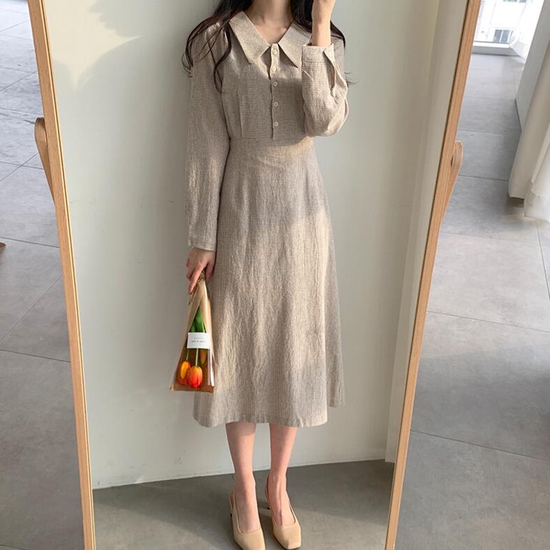 2020 Korean Style Long Sleeve Checkered Dress Mimarta