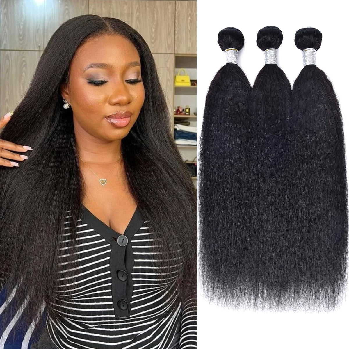 12A Kinky Straight Human Hair Bundles Yaki Straight Bundles Human Hair 3 Bundles 16 18 20 Inch 100% Virgin Human Hair Extension for Women Mimarta