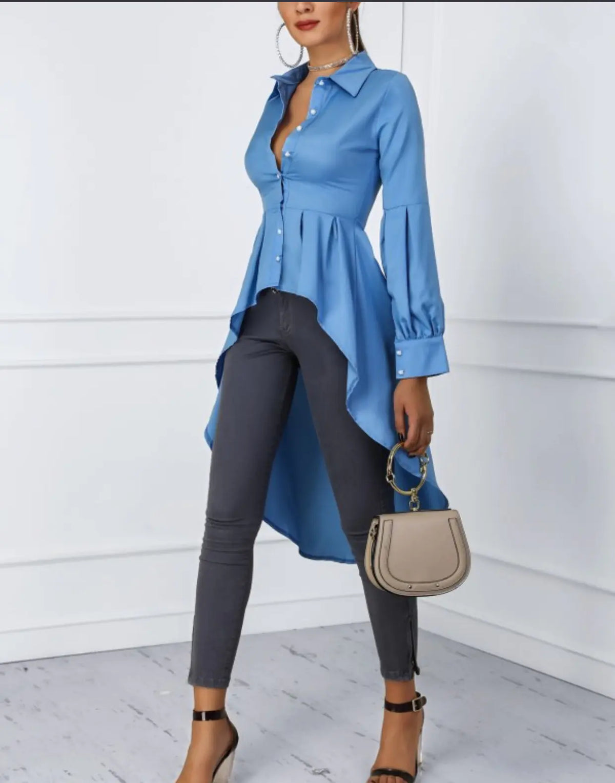 Solid Color Lantern Sleeve Tail Dress & Button Shirt Dress Mimarta