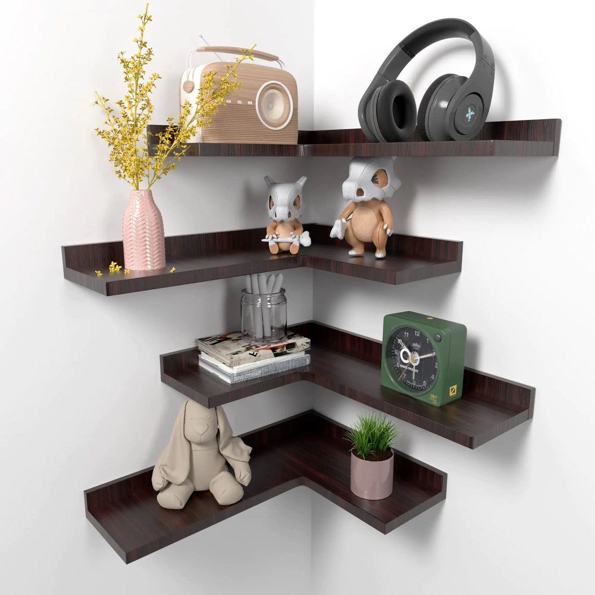 Corner Floating Shelves Set of 4 Rustic Pine Wood Corner Shelves for Wall Storage and Decor L-Shaped Corner Wall Mounted Shelf for Bedroom Living Room Bathroom Kitchen and more – Red Brown Mimarta