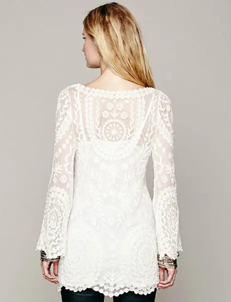 2021 hot sale flower pattern long sleeve loose hook beach dress women&amp;#39;s hollow out sexy lace dress elegant sexy lace beach dress Rieworkes