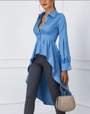 Solid Color Lantern Sleeve Tail Dress & Button Shirt Dress Mimarta