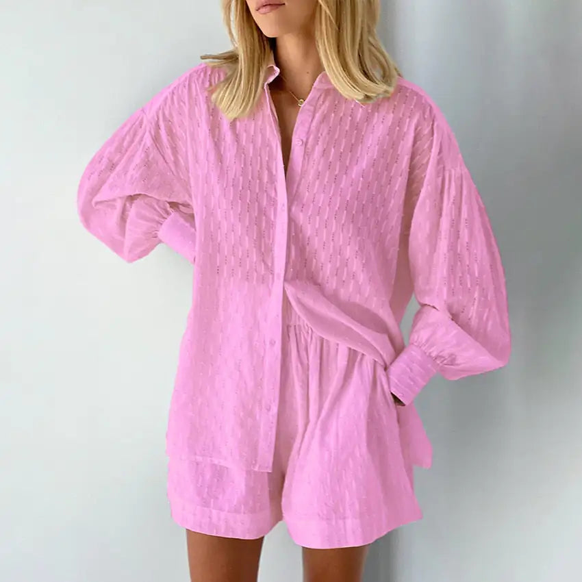 Lantern Sleeve Loose Shirt and Short Set 2 Piece Outfits Rieworkes