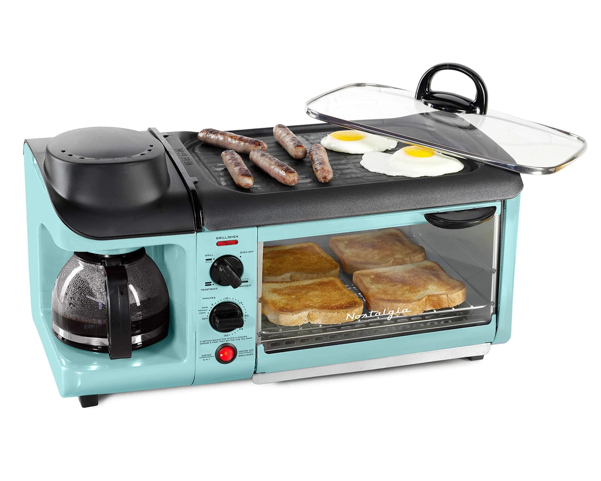 Nostalgia 3-in-1 Breakfast Station - Includes Coffee Maker Non-Stick Griddle and 4-Slice Toaster Oven - Versatile Breakfast Maker with Timer - Aqua Mimarta