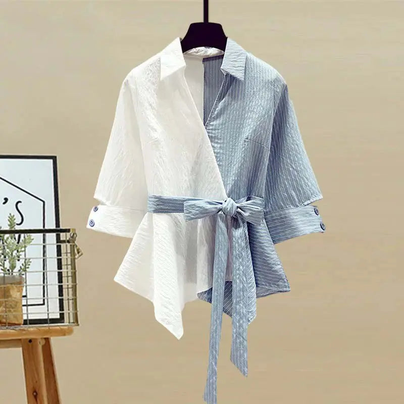 Stripe Blouse &amp; Denim Pants Set Rieworkes