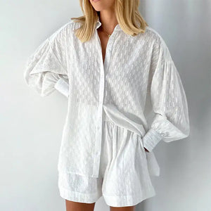Lantern Sleeve Loose Shirt and Short Set 2 Piece Outfits Rieworkes