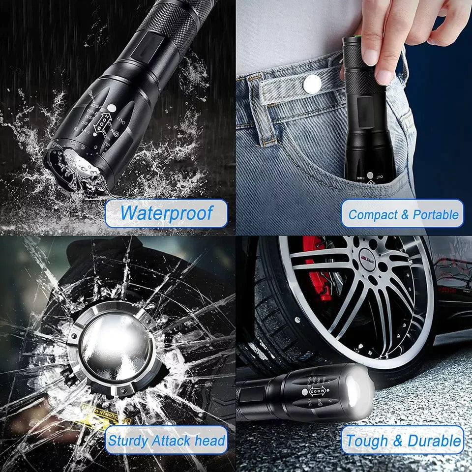 Super-Bright 90000LM LED Tactical Flashlight 5 Modes Zoomable Torch Searchlight Rieworkes
