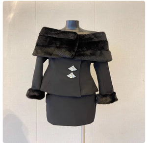 Off-Shoulder Faux Fur Coat & Skirt Set Mimarta