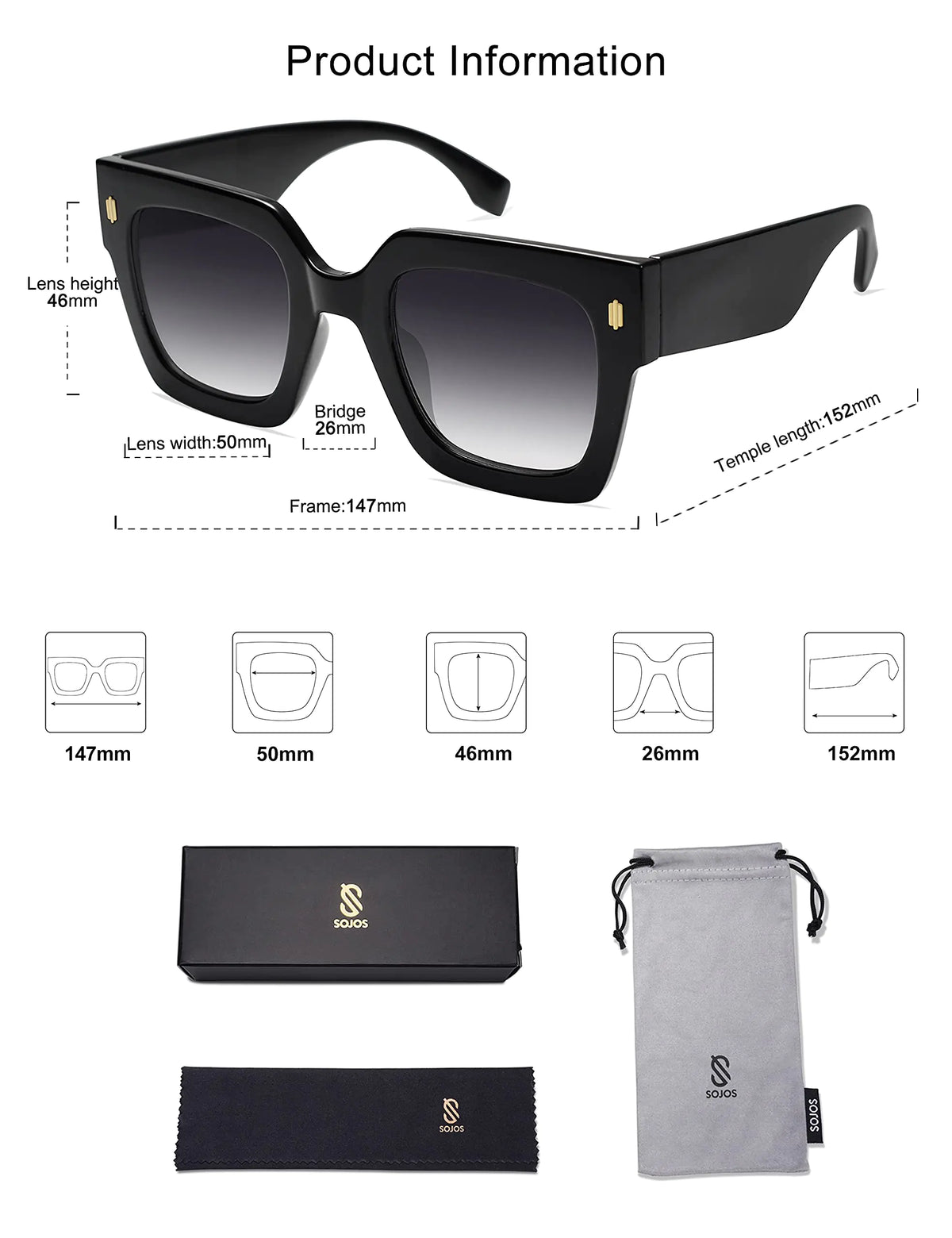 SOJOS Vintage Oversized Square Sunglasses for Women,Retro Womens Luxury Big Sun Glasses UV400 Protection SJ2194 Black Rieworkes