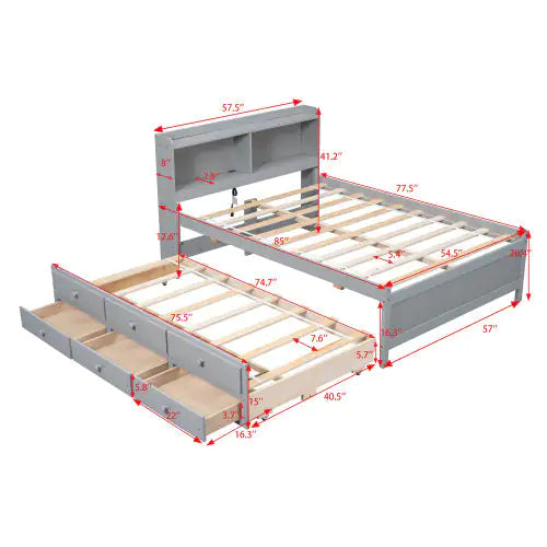 Full Size Bed With USB Type-C Ports, LED Light, Bookcase Headboard, Trundle And 3 Storage Drawers , Full Size Size Bed With Bookcase Headboard, Trundle And Storage Drawers Rieworkes