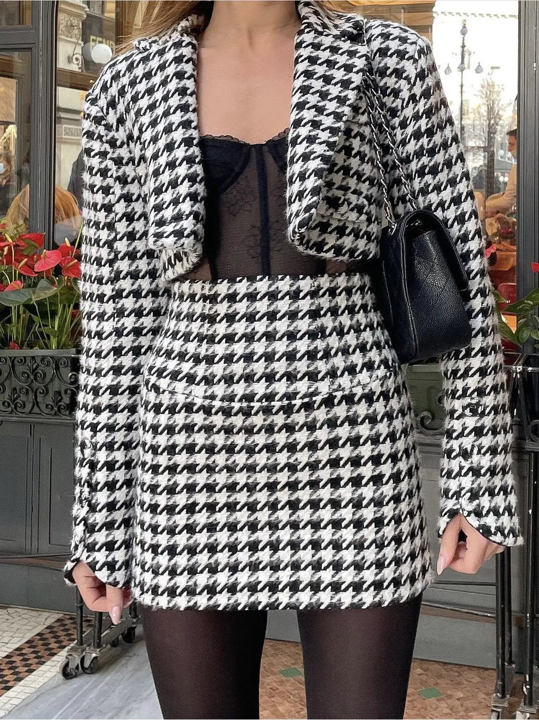 Houndstooth Blazer and Skirt Set with Design Flair Mimarta