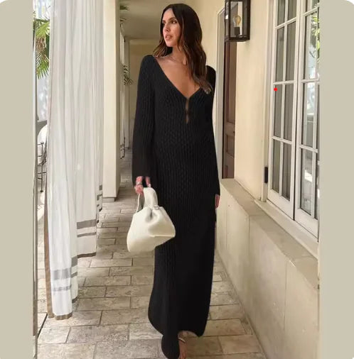 Elegant Sheer V-Neck Knitted Beach Dress – Long Sleeve Cover-Up for Summer &amp; Fall Rieworkes