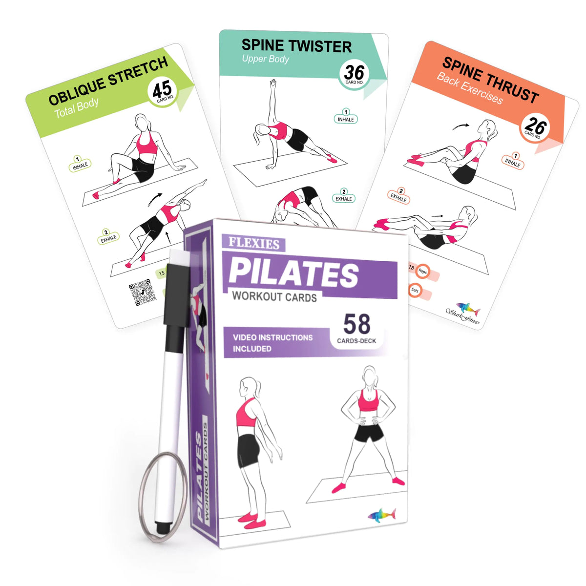 Flexies Pilates Workout Cards - 58 Exercise Cards with Pilates Mat Workout Postures Video Instructions & Breathing Tips | Free Ring & Dry-Erase Marker to Create at home pilates womens workout planner Mimarta