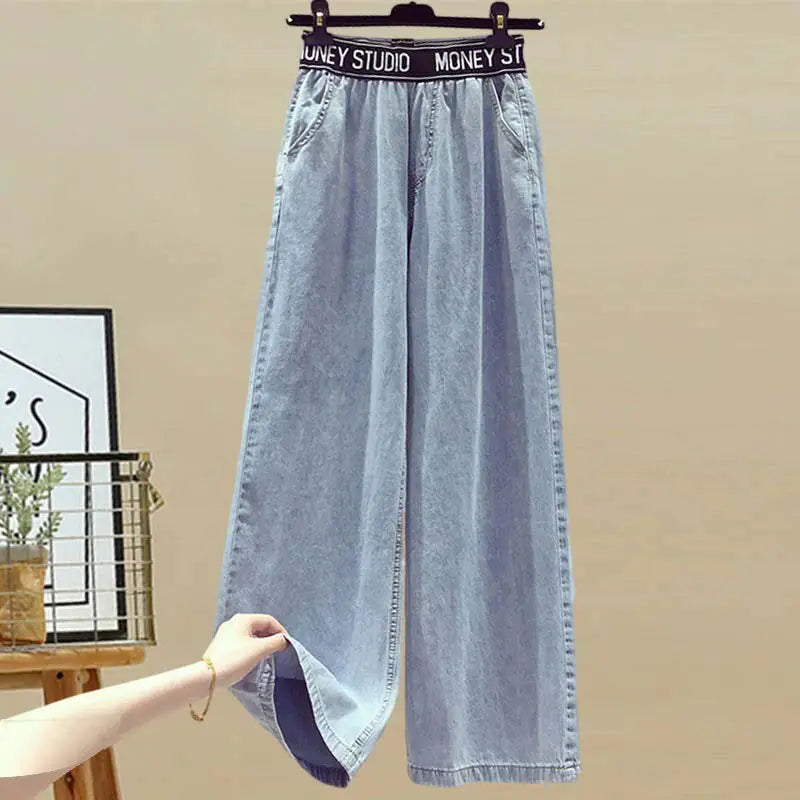 Stripe Blouse &amp; Denim Pants Set Rieworkes