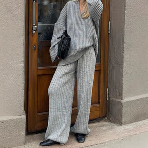 V-Neck Top & Wide Leg Pants Set with Scarf Rieworkes
