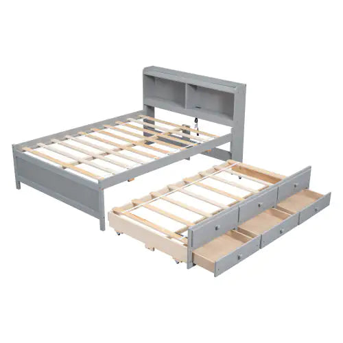 Full Size Bed With USB Type-C Ports, LED Light, Bookcase Headboard, Trundle And 3 Storage Drawers , Full Size Size Bed With Bookcase Headboard, Trundle And Storage Drawers Rieworkes