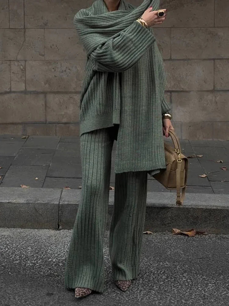 V-Neck Top &amp; Wide Leg Pants Set with Scarf Rieworkes