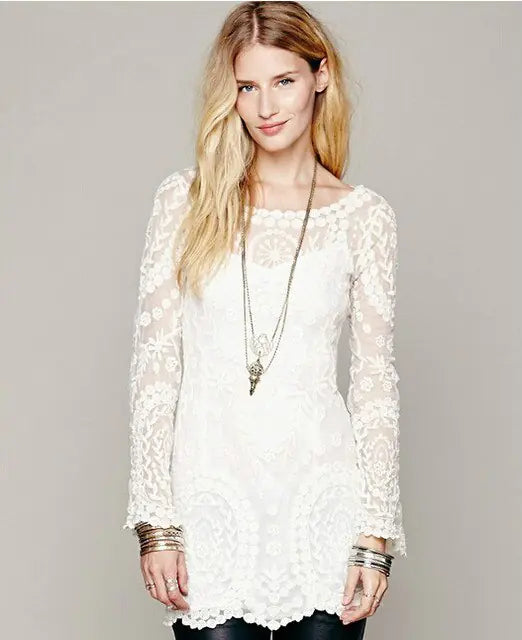2021 hot sale flower pattern long sleeve loose hook beach dress women&amp;#39;s hollow out sexy lace dress elegant sexy lace beach dress Rieworkes