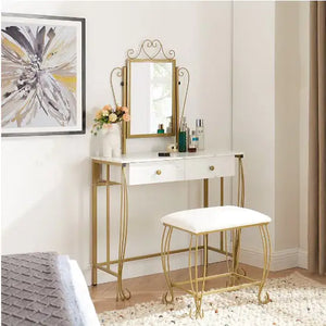 Vanity Table Set With Mirror & Stool,White Makeup Dressing Desk With Drawers For Girls,Women,Bedroom,Gift Rieworkes