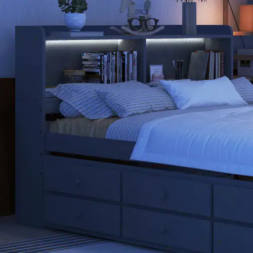 Full Size Bed With USB Type-C Ports, LED Light, Bookcase Headboard, Trundle And 3 Storage Drawers , Full Size Size Bed With Bookcase Headboard, Trundle And Storage Drawers Rieworkes