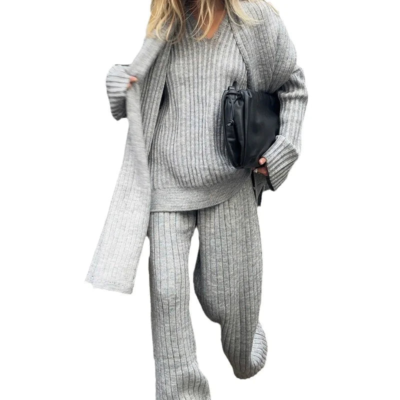 V-Neck Top &amp; Wide Leg Pants Set with Scarf Rieworkes